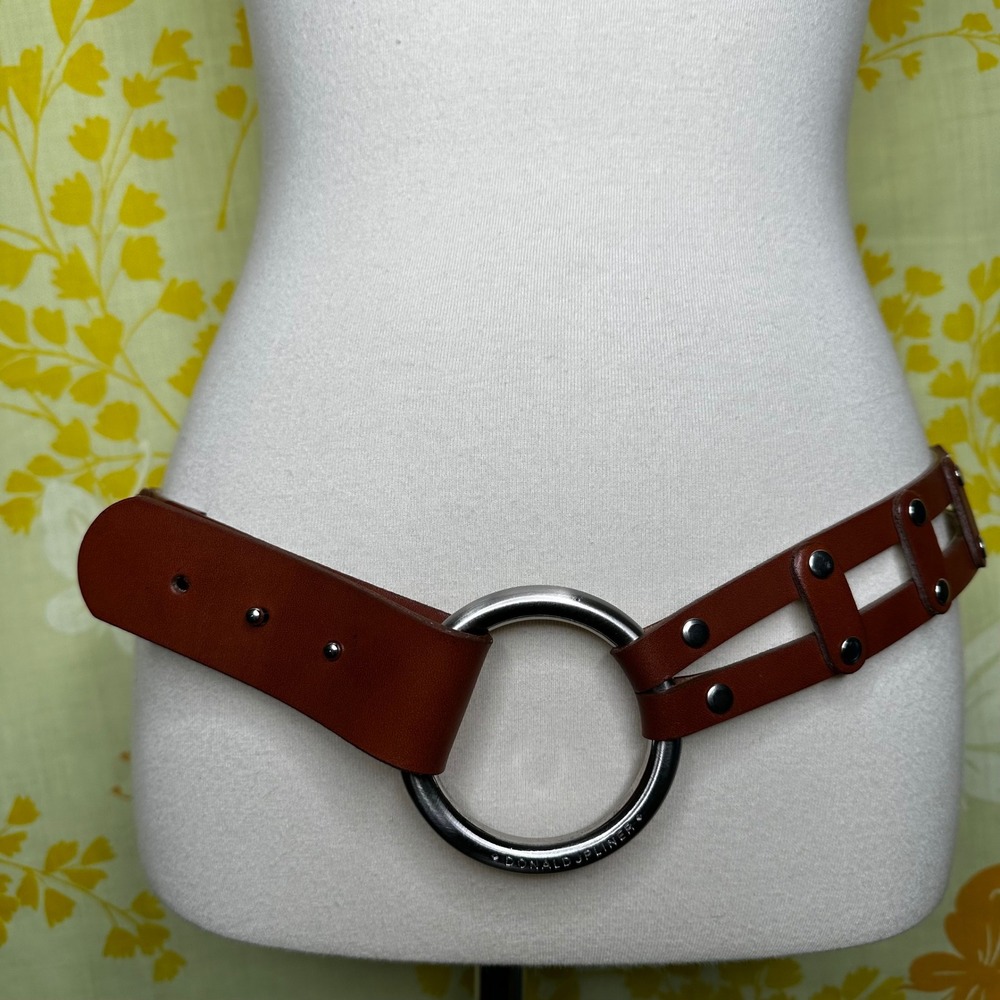 Donald J Pliner Brown Leather O-Ring Ladder Cutout Belt Made in USA Size L 46353